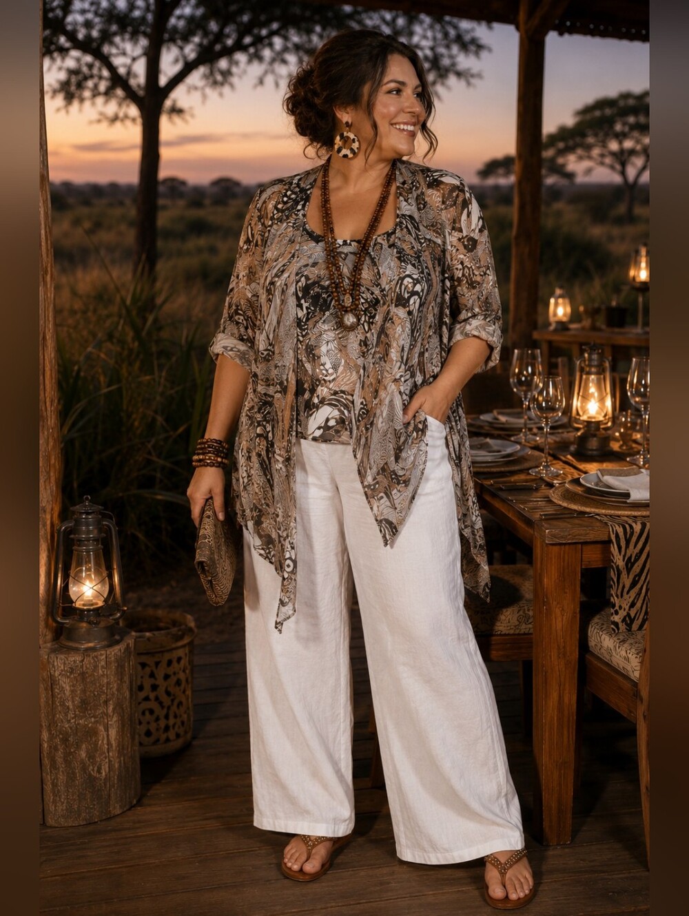 Kate & Mallory Printed Chiffon Cascade Cardigan & Shell Tank Top Women's 1X